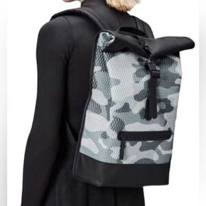 NWT RAINS Rolltop Rucksack Mesh Backpack Camo Gray/Black Waterproof